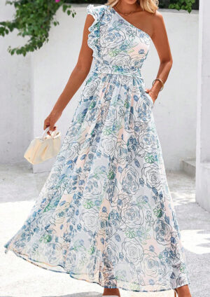 Princess Floral Ruffled One Shoulder Sky Blue Maxi Dress