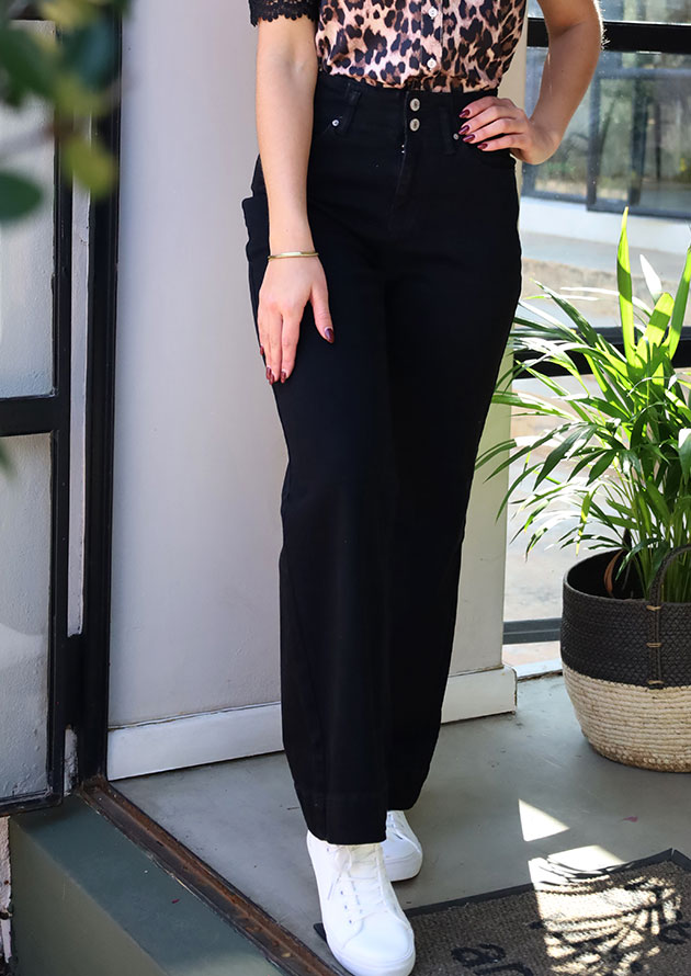 Rachel 2 Button High Waist Wide Leg Black Jean