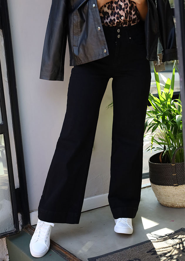 Rachel 2 Button High Waist Wide Leg Black Jean - Image 4