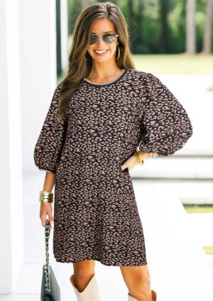 Roar Night Bubble Sleeve Black Leopard Short Dress