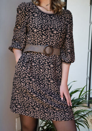 Roar Night Bubble Sleeve Black Leopard Short Dress