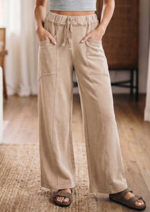 Romeo Wash Drawstring High Waist Wide Leg Beige Pants