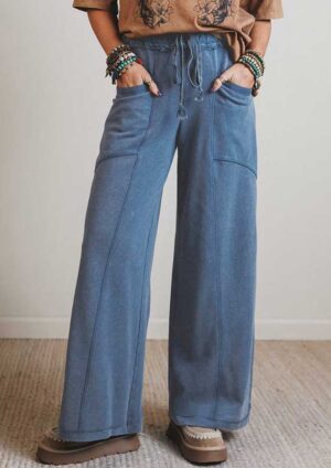 Romeo Wash Drawstring High Waist Wide Leg Blue Pants