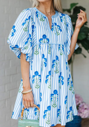 Rosette Striped Puff Sleeve Blue Mini Dress