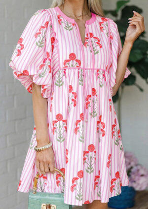 Rosette Striped Puff Sleeve Pink Mini Dress