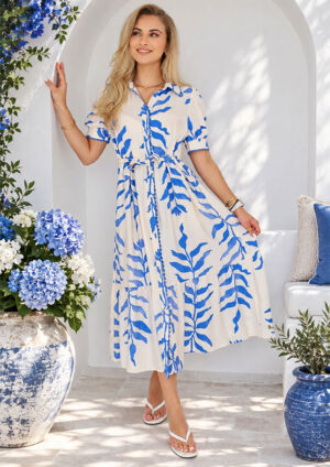 Royal Harbor Leafy Tie Button Side Blue Maxi Dress