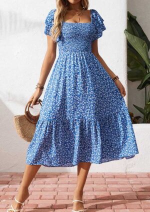 Stardust Floral Ruffle Short Sleeve Blue Maxi Dress