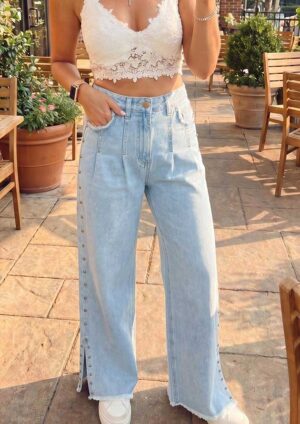 Stuart Studded Frayed Wide Leg Blue Jeans