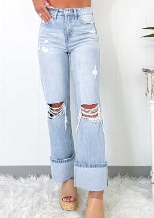Sun Faded Blues Wash Distressed Straight Jeans