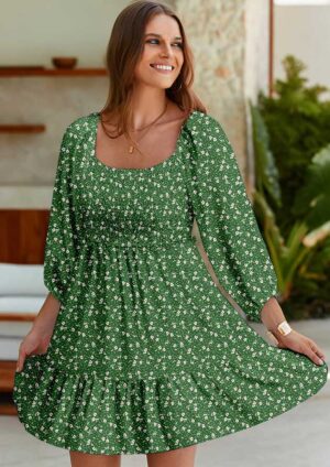 Tharina Floral Square Neck Smocked Green Short Dress