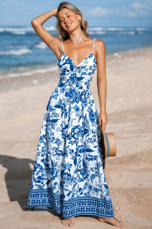 Tidal Bloom Spaghetti Straps Blue Maxi Dress
