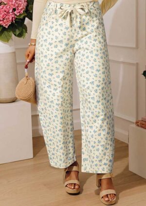 Wildflower Knot Waist Floral Beige Barrel Jeans