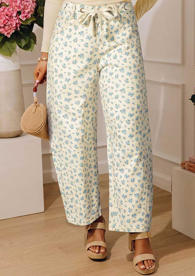Wildflower Knot Waist Floral Beige Barrel Jeans