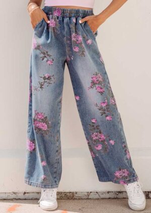 Zonika Floral Elastic Waist Light Blue Jeans