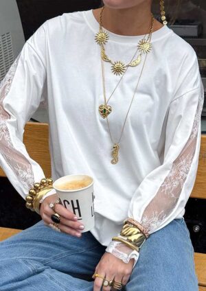 Angelic Lace Patchwork Round Neck Long Sleeve White Top