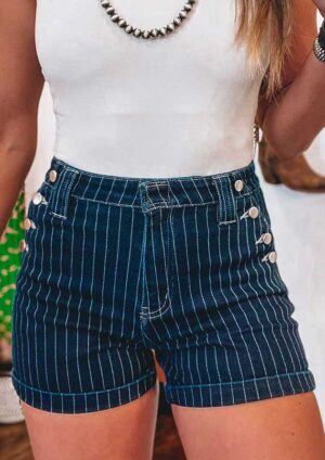 Bayside Stripe Metal Button Blue Denim Shorts