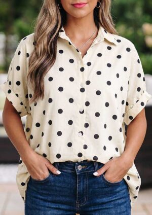 Beatrix Polka Dot Loose Dolman Beige Blouse