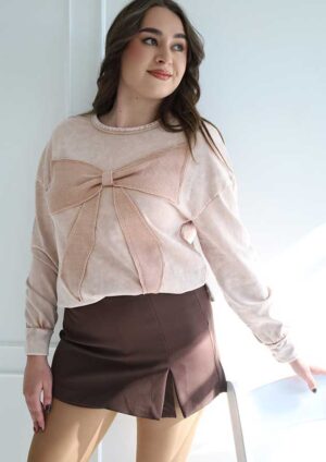 Bliss Bow Patchwork Pullover Beige Sweatshirt