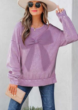 Bliss Bow Patchwork Pullover Purple Sweatshirt
