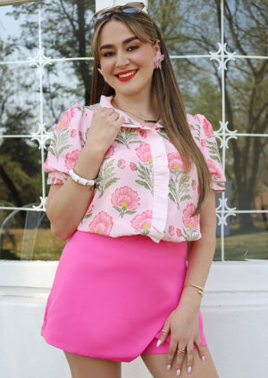 Bouquet Ruffle Striped Trim Puff Sleeve Pink Blouse