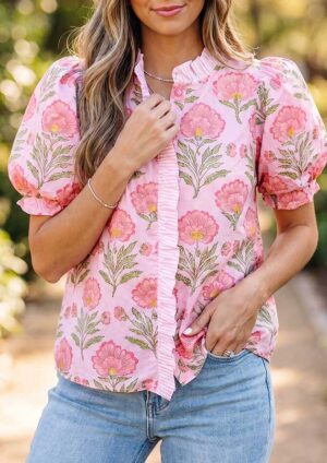 Bouquet Ruffle Striped Trim Puff Sleeve Pink Blouse
