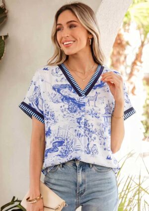 Bridge Animal Paradise Striped Trim V Neck Blue Blouse