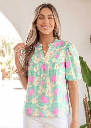 Buttercup Floral Short Sleeve Bubble Sleeve Green Blouse