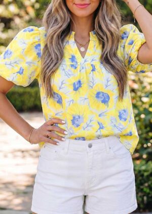 Buttercup Floral Short Sleeve Bubble Sleeve Yellow Blouse