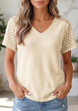 Charmey Lace Button Cutout V Neck Beige Blouse