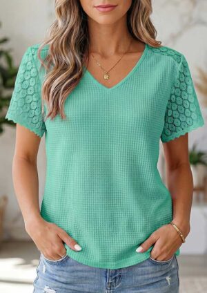 Charmey Lace Button Cutout V Neck Mint Blouse