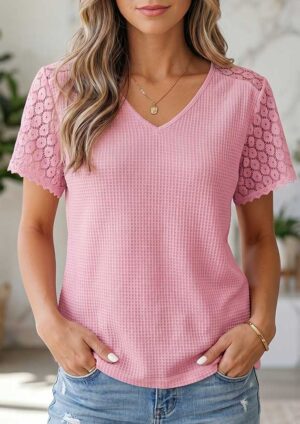 Charmey Lace Button Cutout V Neck Pink Blouse