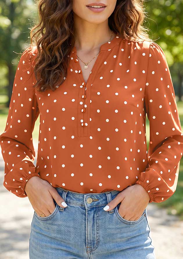 Coffeehouse Polka Dot Half Button V Neck Long Sleeve Blouse - Image 3