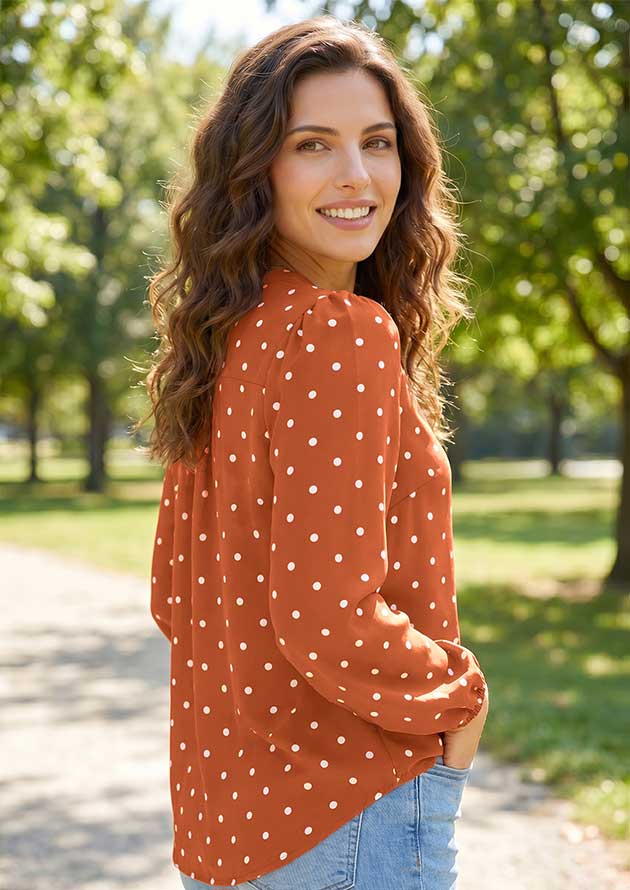Coffeehouse Polka Dot Half Button V Neck Long Sleeve Blouse - Image 2