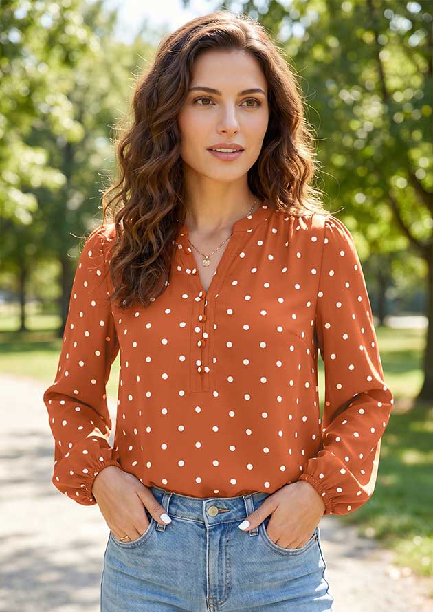 Coffeehouse Polka Dot Half Button V Neck Long Sleeve Blouse