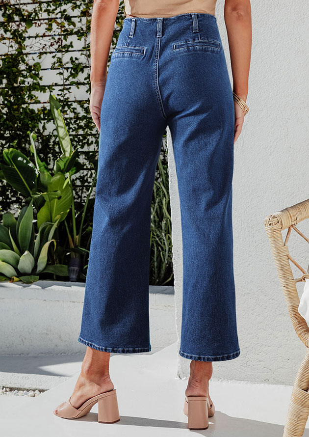 Cool Street High Waist Button Front Wide Leg Cropped Blue Jeans - Image 2