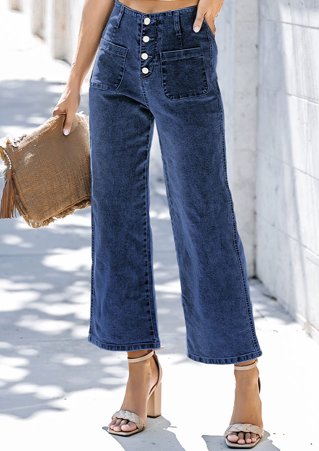 Cool Street High Waist Button Front Wide Leg Cropped Blue Jeans