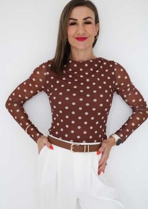 Cynthia Mesh Brown Polka Long Sleeve Top