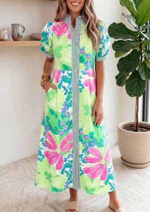 Disa Stripe Floral Trim Button Short Sleeve Green Maxi Dress