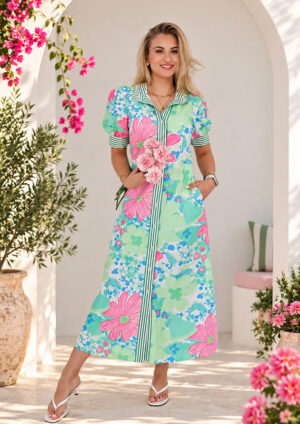 Disa Stripe Floral Trim Button Short Sleeve Green Maxi Dress