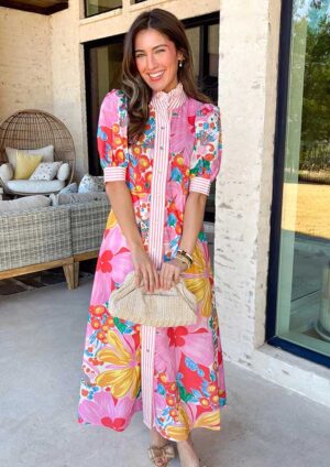 Disa Stripe Floral Trim Button Short Sleeve Pink Maxi Dress