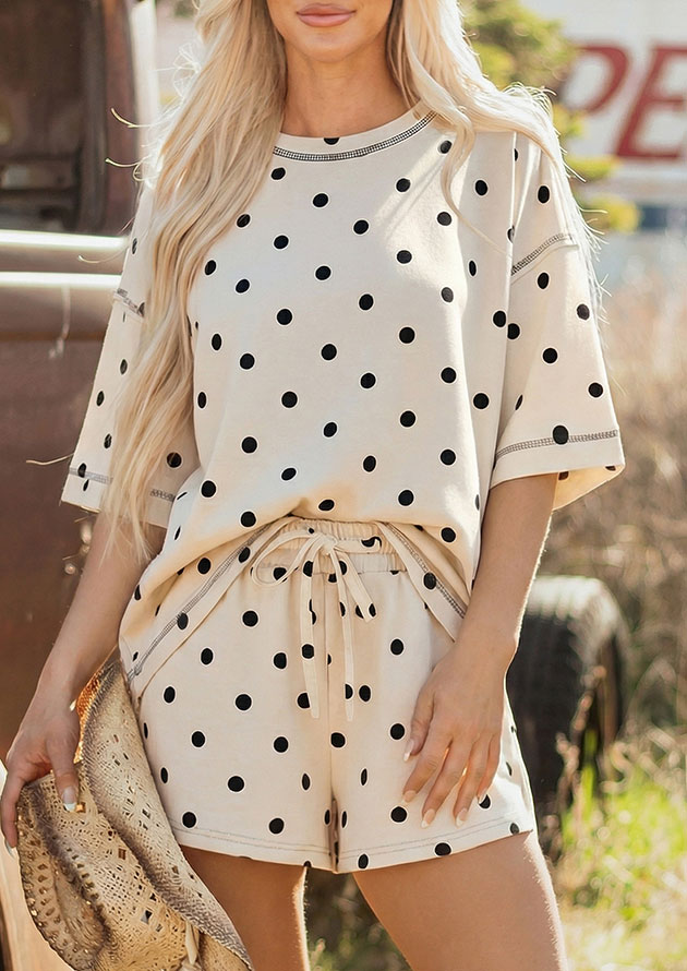 Dottie Days Polka Short Sleeve Top and Shorts Beige Co-Ord Set - Image 3