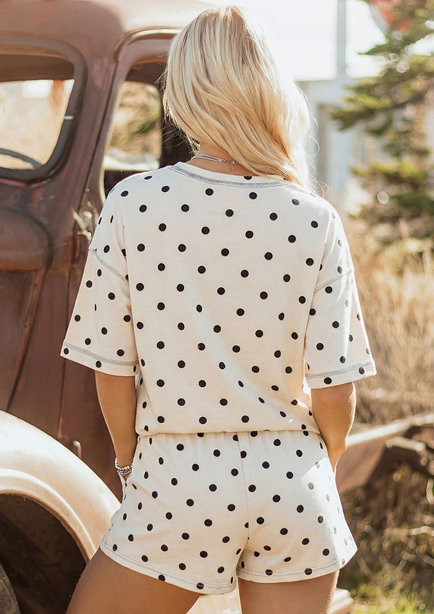 Dottie Days Polka Short Sleeve Top and Shorts Beige Co-Ord Set - Image 2