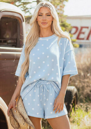 Dottie Days Polka Short Sleeve Top and Shorts Blue Co-Ord Set