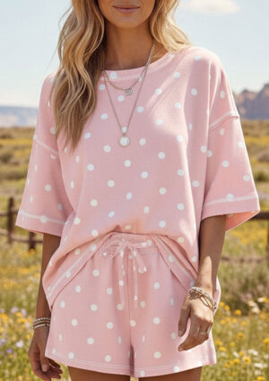 Dottie Days Polka Short Sleeve Top and Shorts Pink Co-Ord Set