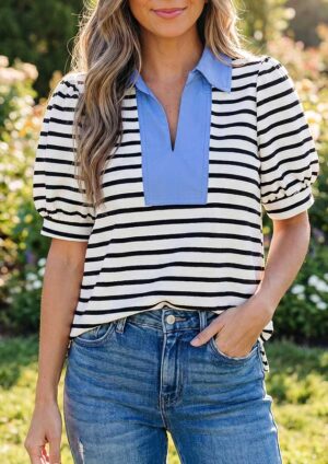 Dunlin Stripe Split Neck Puff Sleeve Black Blouse