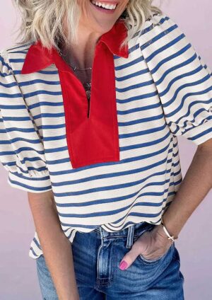 Dunlin Stripe Split Neck Puff Sleeve Blue Blouse
