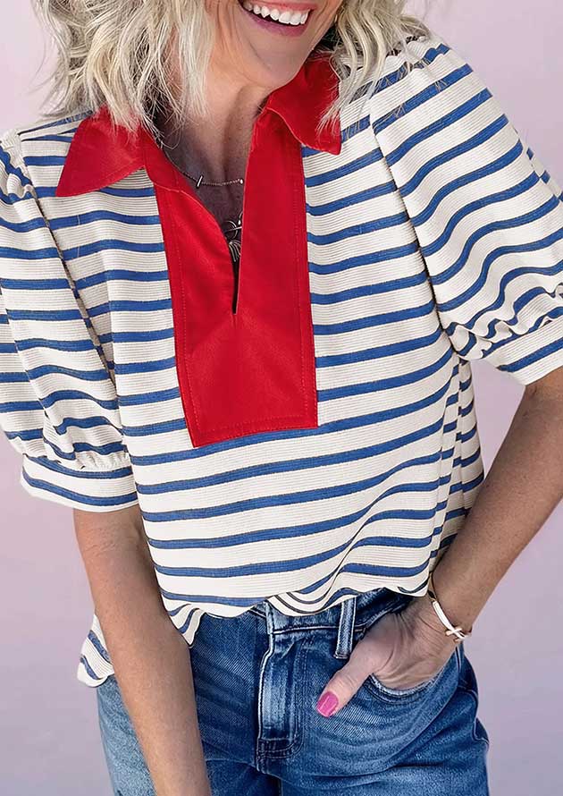 Dunlin Stripe Split Neck Puff Sleeve Blue Blouse