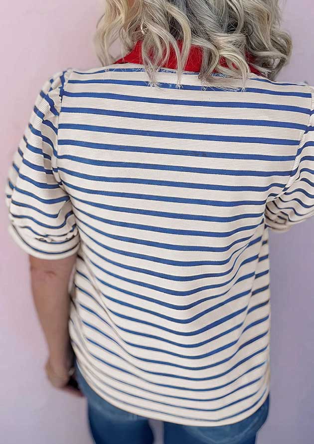 Dunlin Stripe Split Neck Puff Sleeve Blue Blouse - Image 2