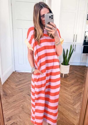 Easygoing Stripe Cuffed Short Sleeve Orange Maxi Dress