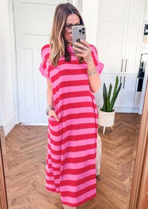 Easygoing Stripe Cuffed Short Sleeve Rose Maxi Dress